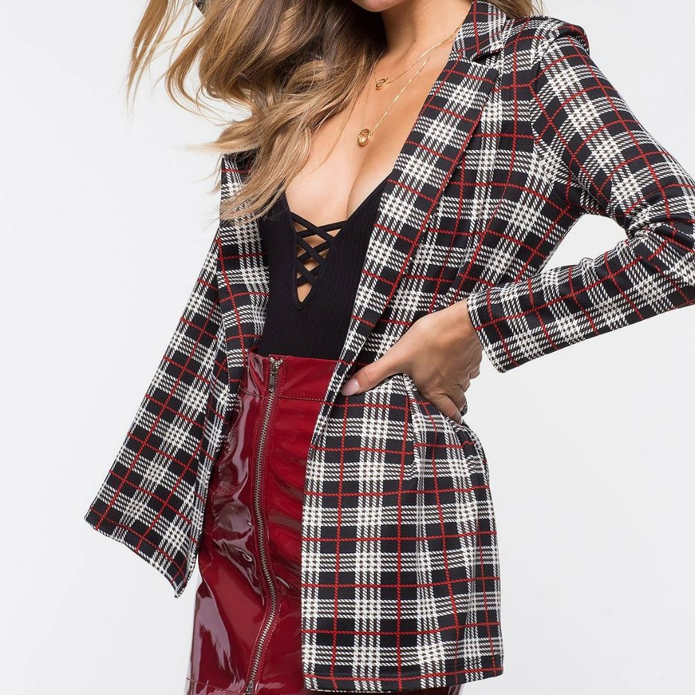 Plaid Open Front Blazer Jacket Size S/M